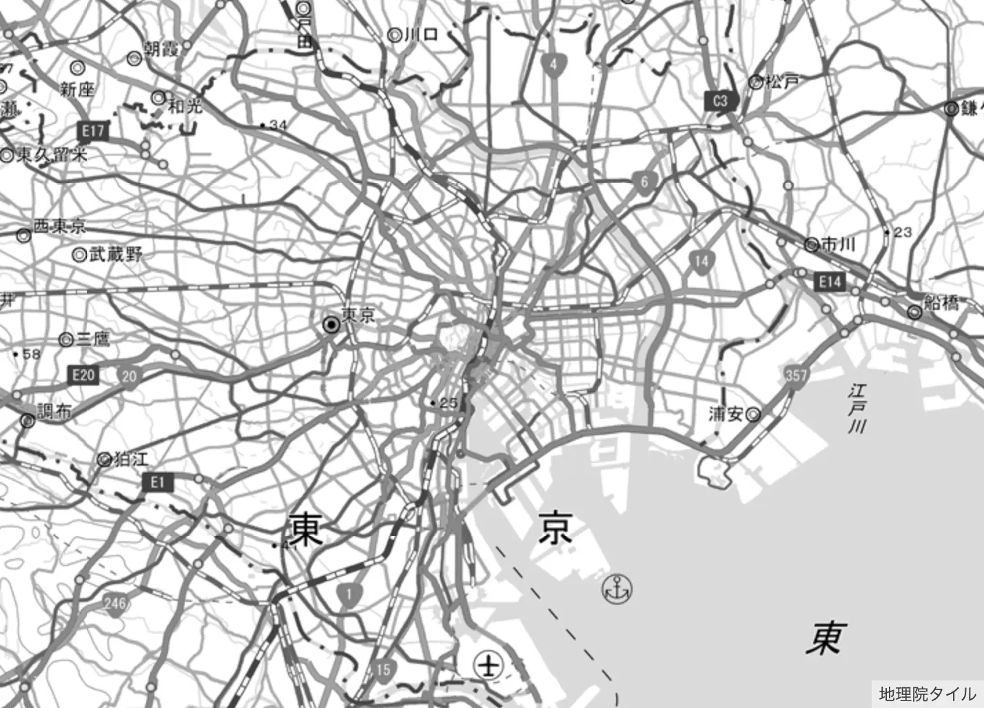 地理院タイルの標準地図をグレースケールで表示した例