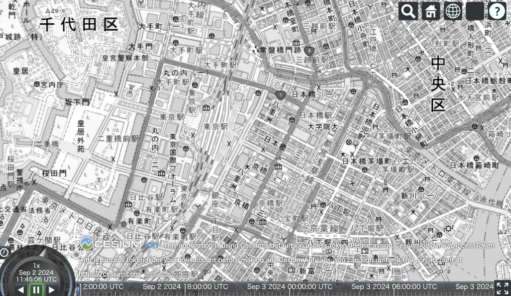 地理院タイルの標準地図をグレースケールで表示した例